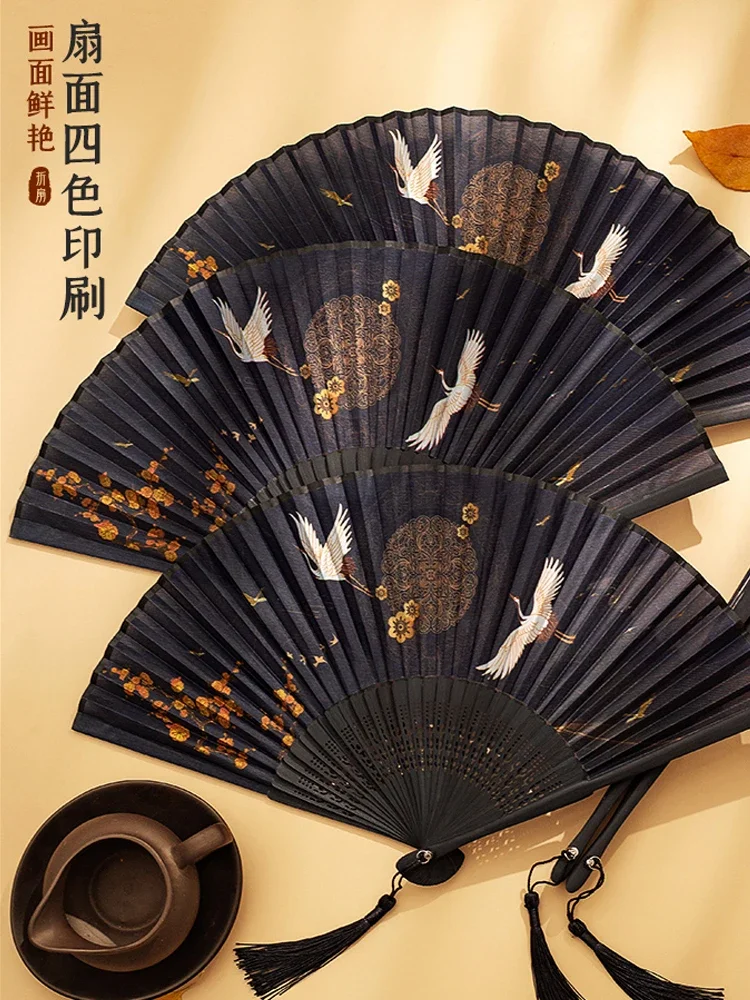 Pequeno ventilador dobrável retrô com pendão, pano de dança clássica, estilo chinês, dança chinesa, pequeno