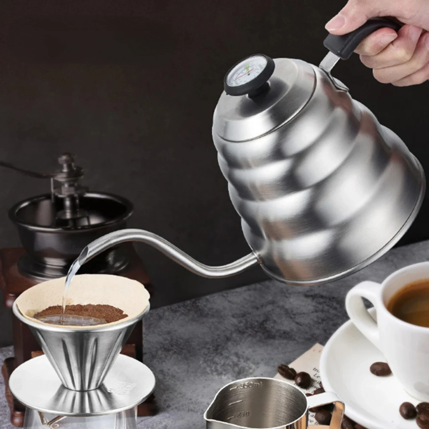 

Coffee Drip Kettle Pot with Thermometer Stainless Steel Thin Mouth Gooseneck Coffee Pot Pour Over Drip Coffee Kettle 1L/1.2L