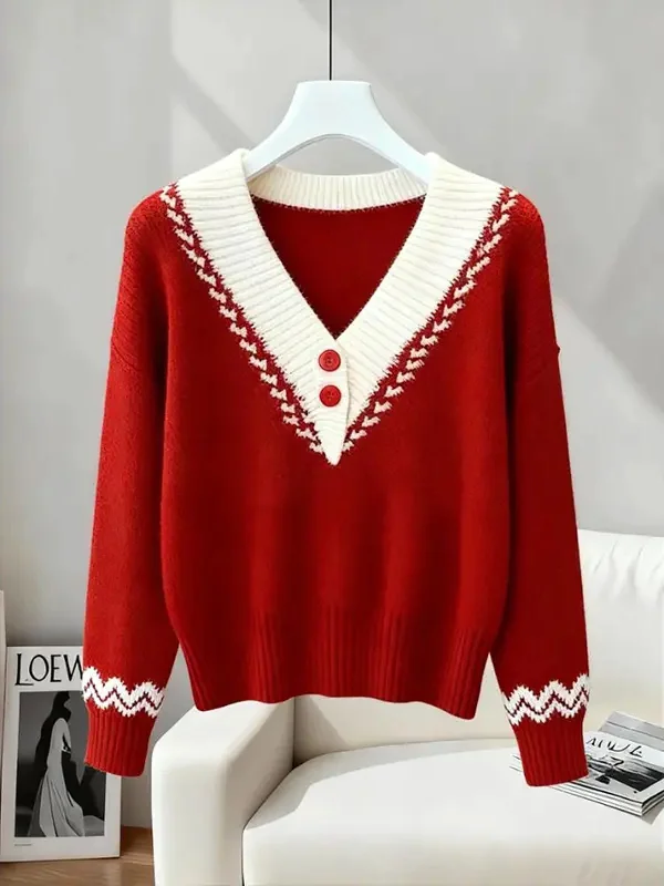 

Ele красный вязаный свитер, женский повседневный свободный крой Long Sve V-Ne, теплые майки, новогодний мягкий уютный топ, модный