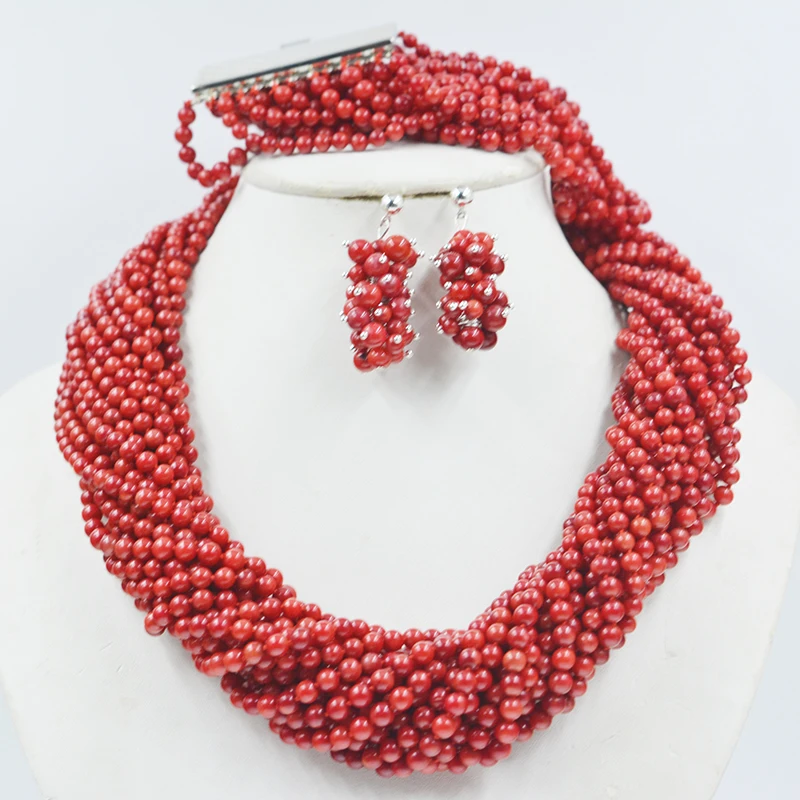 

15 strand necklace/13 strand bracelet 4MM coral Wedding Coral Beads Nigerian Trendy Necklace Bracelet Earring 22"