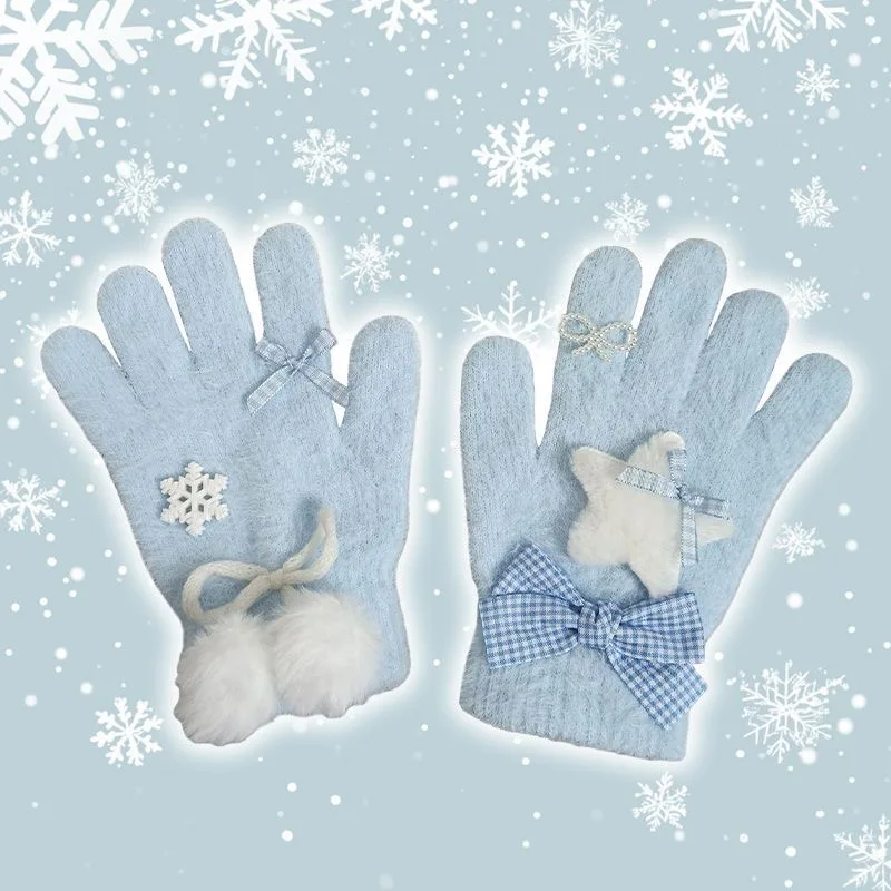 Cute Sweet Bow Star Snow Plush Ball Gloves Cold-Proof Gloves Student Winter Warm Five-finger Gloves Women Fashion Accessories