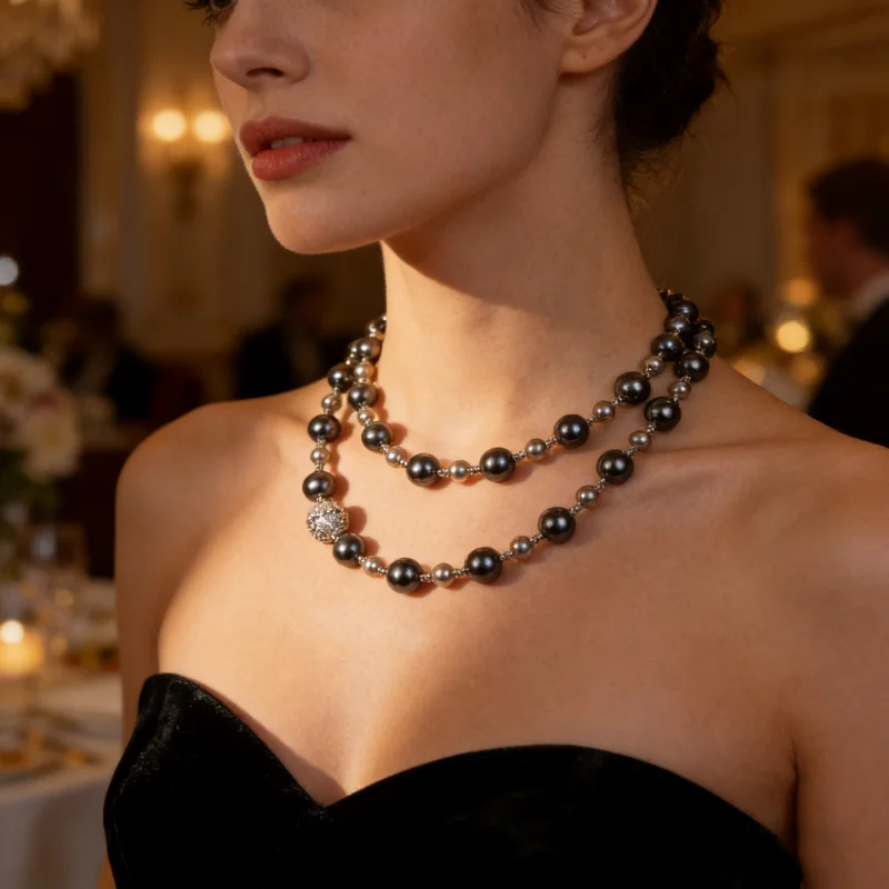 CAMEO Long Chain 925 Silver Synthetic Zircon Gray Shell Pearl Multi-layer Fashion Simple Necklace