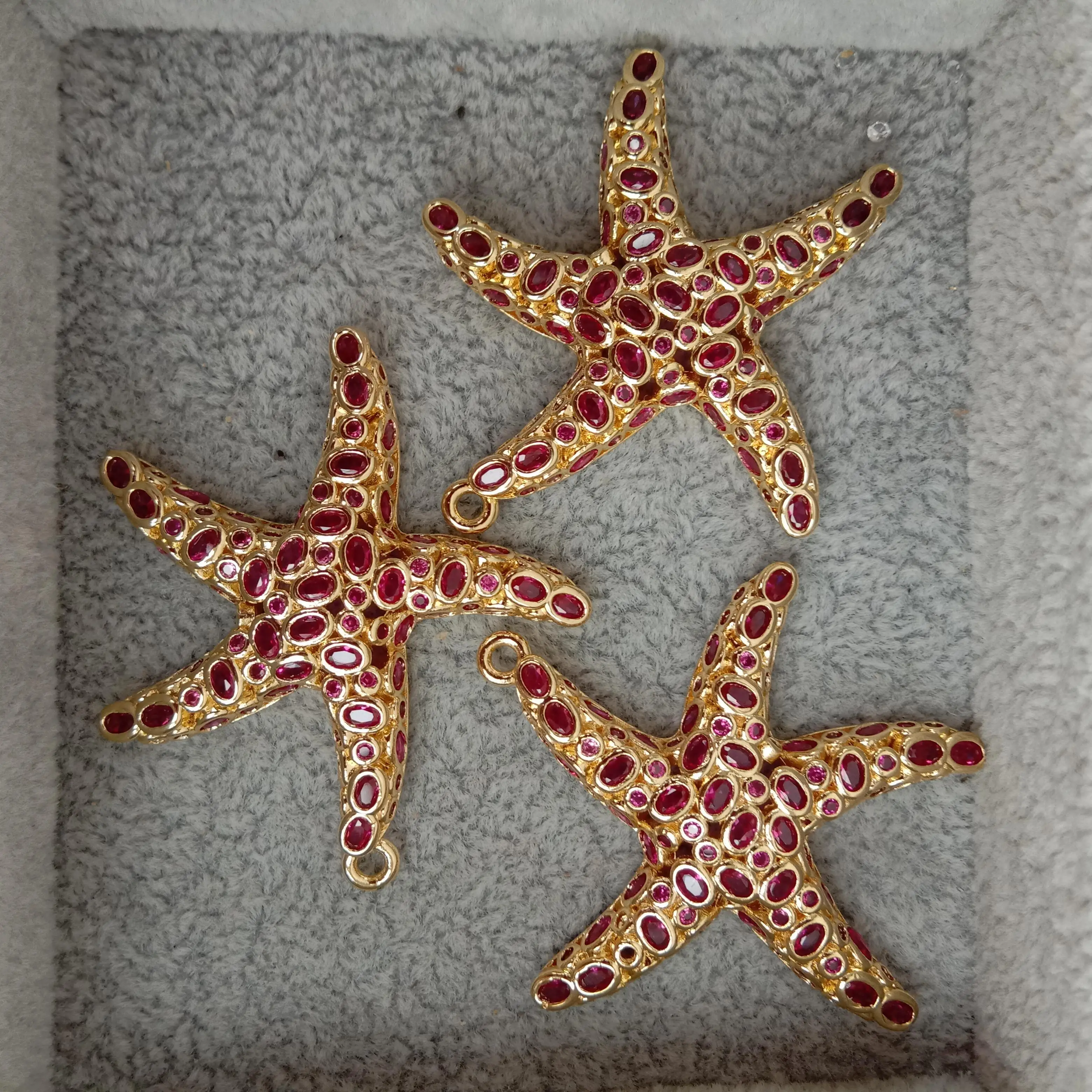 3 Pcs 40x40mm High Quality Brass Fuchsia Cubic Zirconia Sea Star Charms Pendant