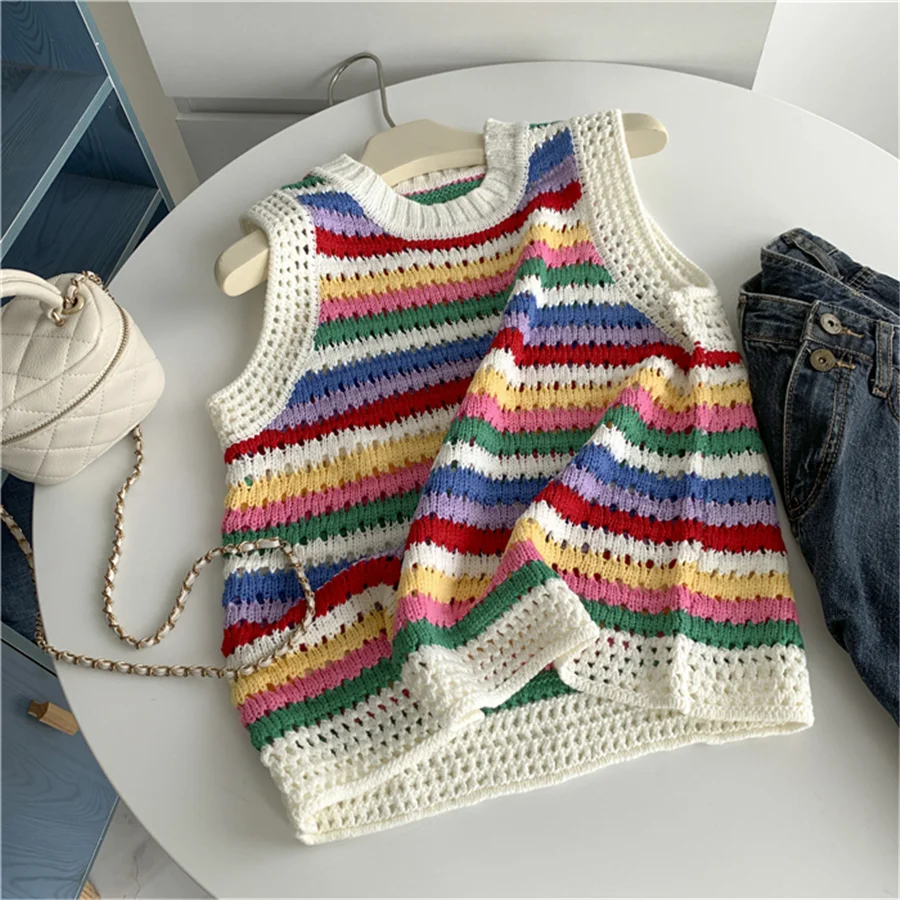 Korean Fashion Crop Sweater Women Vest Striped Casual Sweater Vest O Neck Open Sweater Vest For Women Luxury Designer Tops Knit