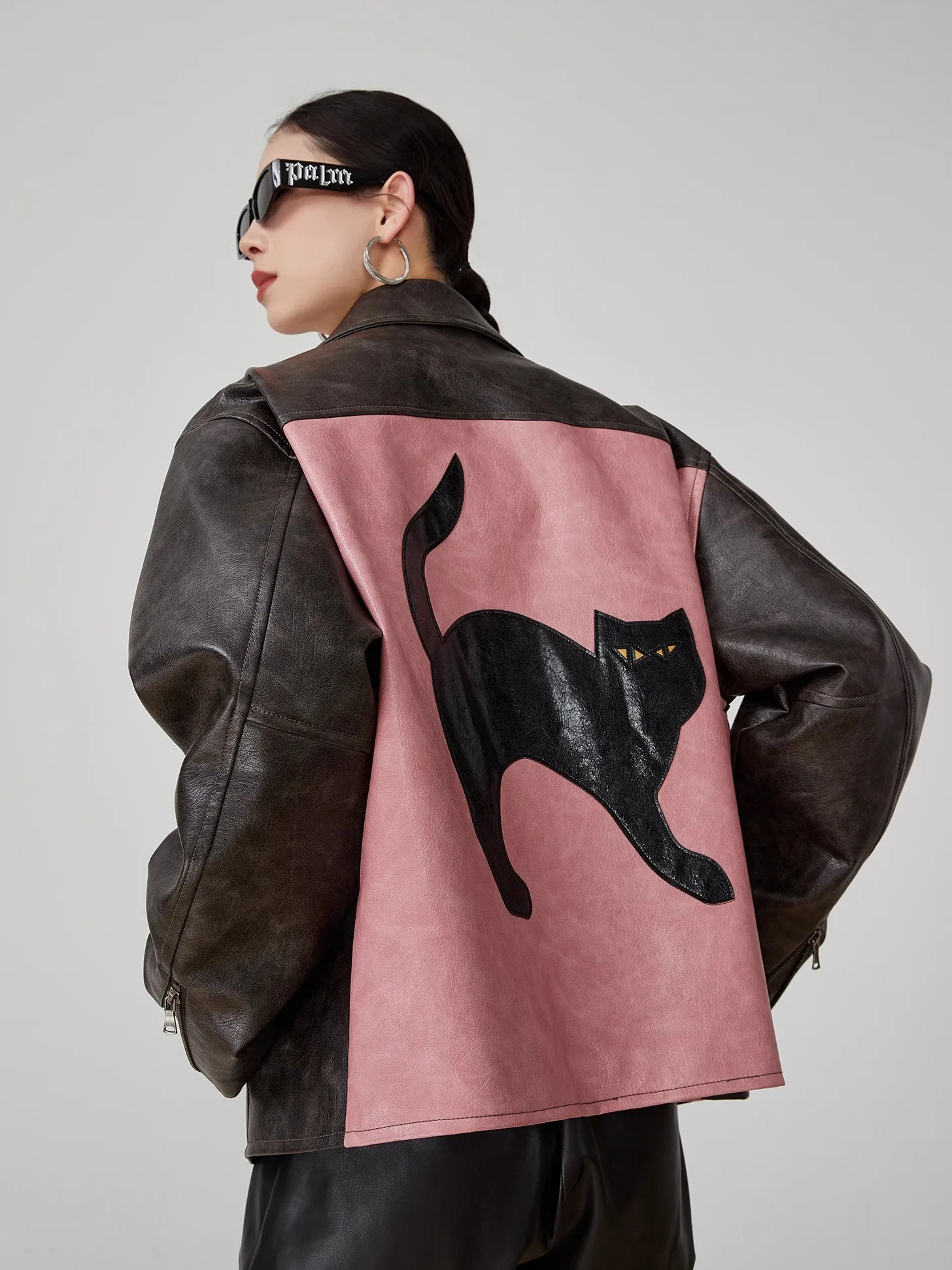 Retro Waed motorfiets leren jas dames vroege lente nieuwe Sle patchwork borduurwerk rits top losse pasvorm polyester...