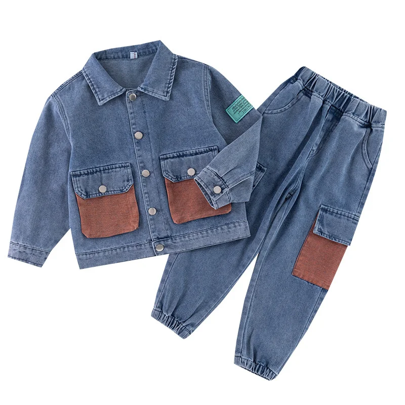 Boys Coat +Pants Kids Suits Cotton 2PCS/Set 2024 Blue Jean Spring Autumn Cotton Sport Teenagers Children Clothing