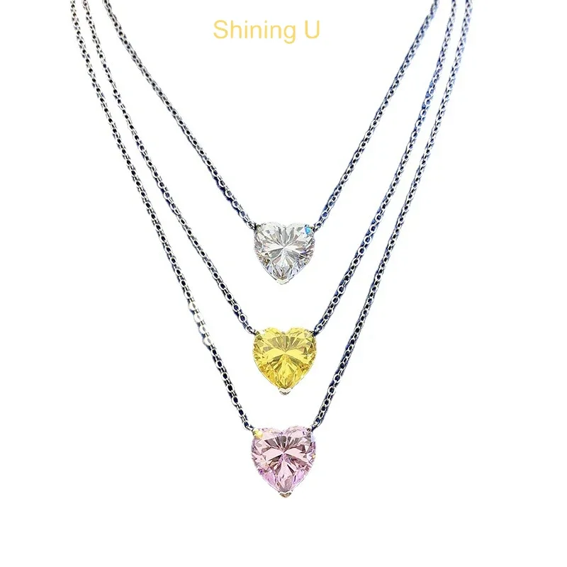 Brillante U S925 plata 12*12mm corazón amarillo gemas colgante collar para mujer joyería fina regalo de Año Nuevo