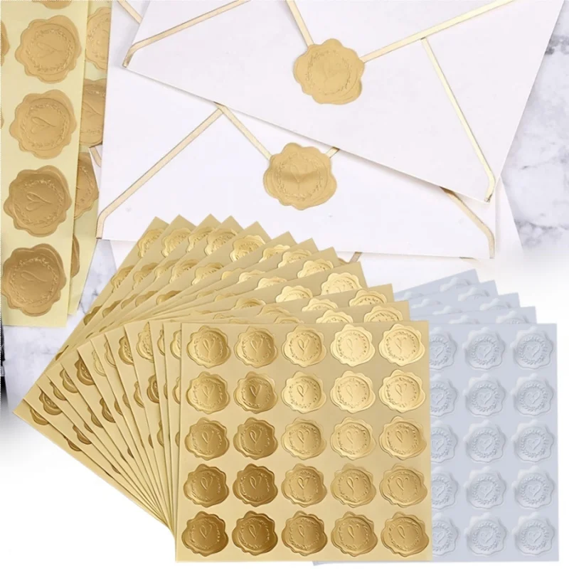 125pcs Embossed Seal Stickers Gold Silver Heart Envelope Self-Adhesive Stickers for Wedding Invitation Gift Packaging Bag Box