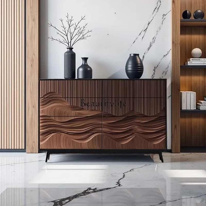 Medieval wave pattern living room TV cabinet solid wood entrance locker