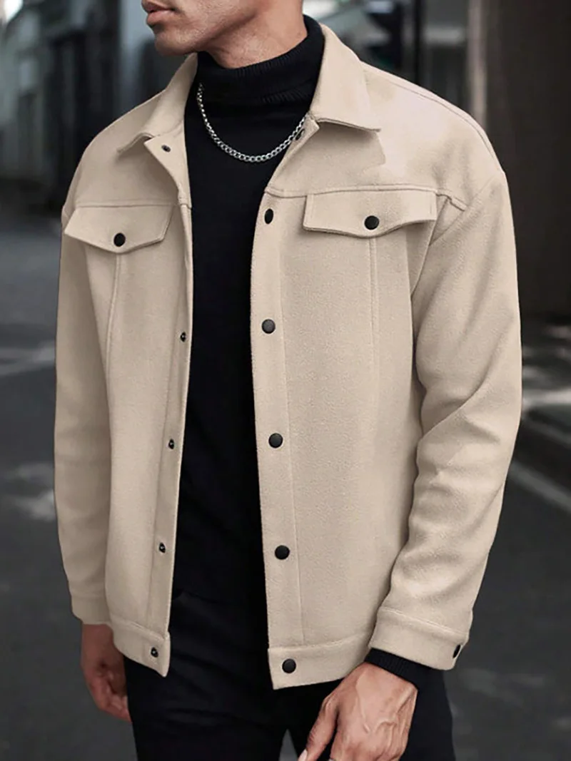 Herrenjacke aus gebürstetem Polyester, Reversjacke mit Knopfleiste/Reißverschluss und Tasche, bequeme, lässige Herbst- und Winterjacke für Büro und Business – Detail 23