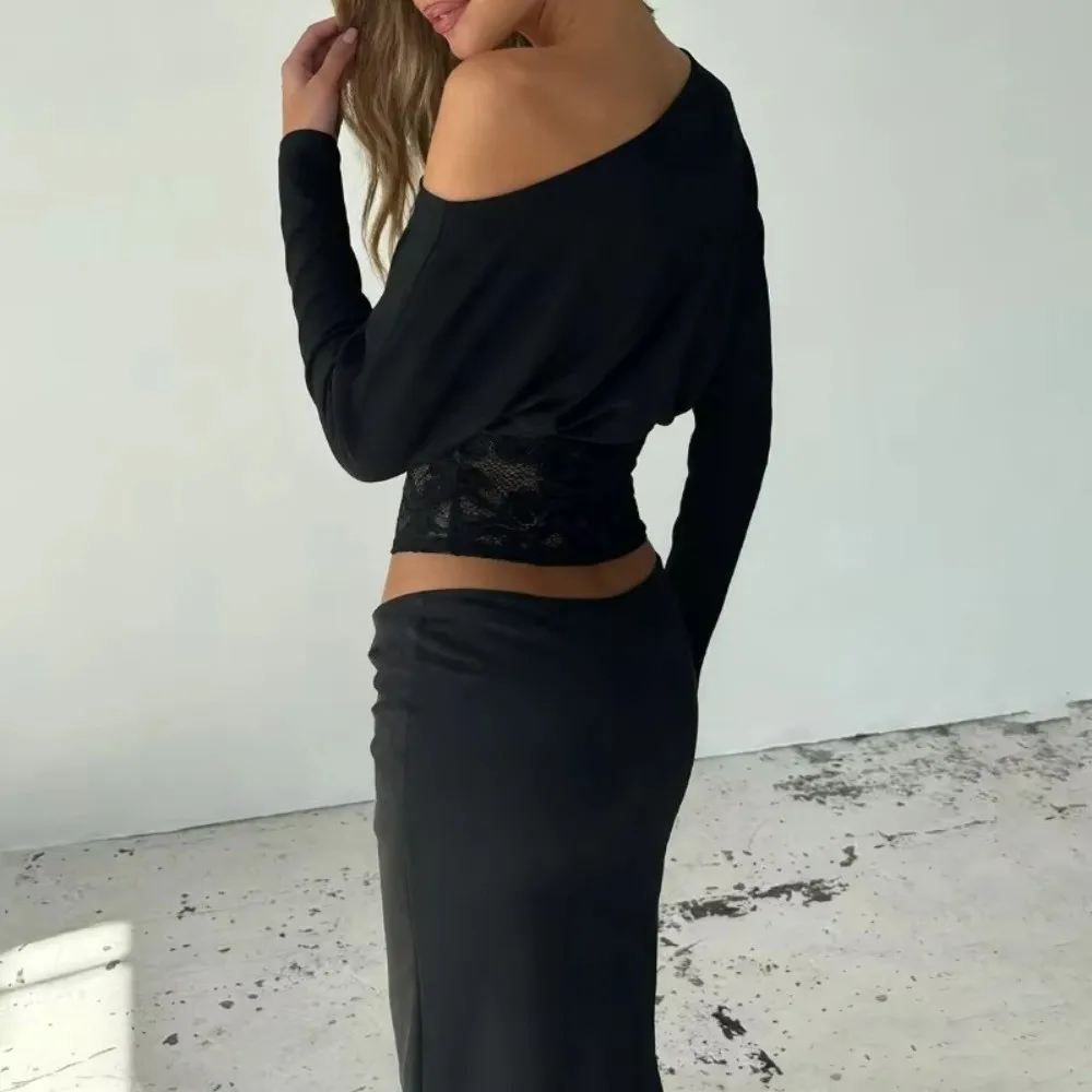 Off-Shoulder Lace Patchwork Top Lace-Trimmed Waist-Defining See Through Top Irregular See Through Fabric Lace Blouse
