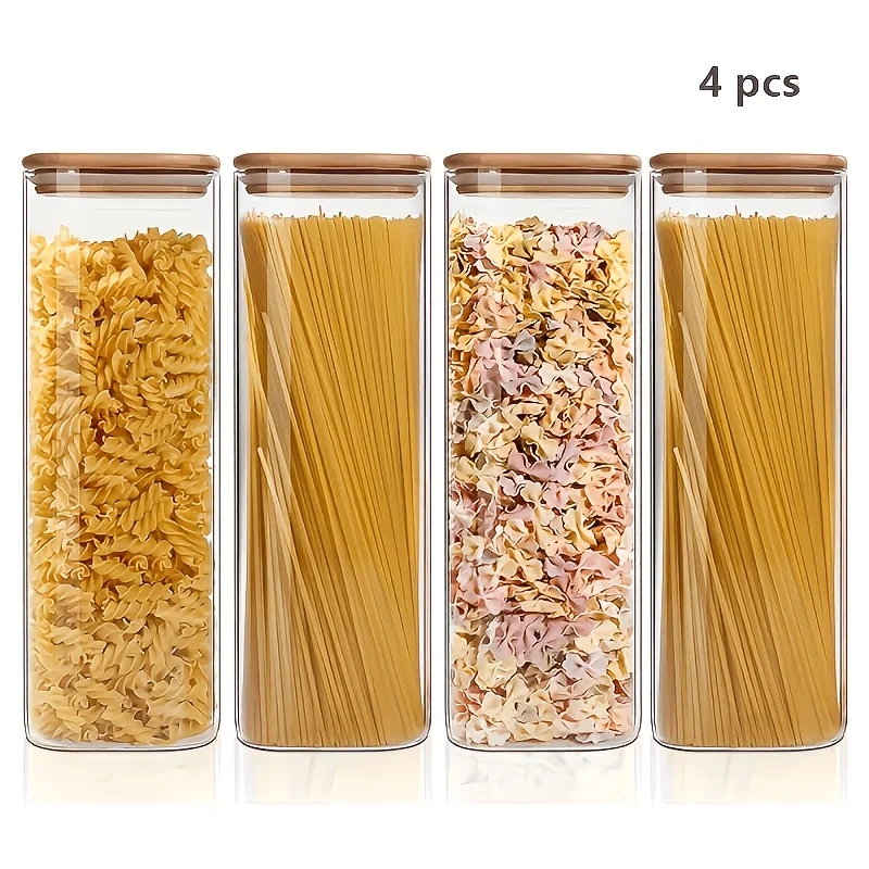 Spanish Rice Transparent 4Pack- 2.3L - Rectangular Jars with Bamboo Lids, Food Storage ...