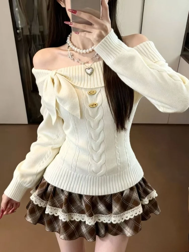 Kawaii Japanese Style 2 Piece Set For Women Solid Knit Sweater Slim Plaid Mini Skirt Y2K Harajuku Fashion Casual Outfit