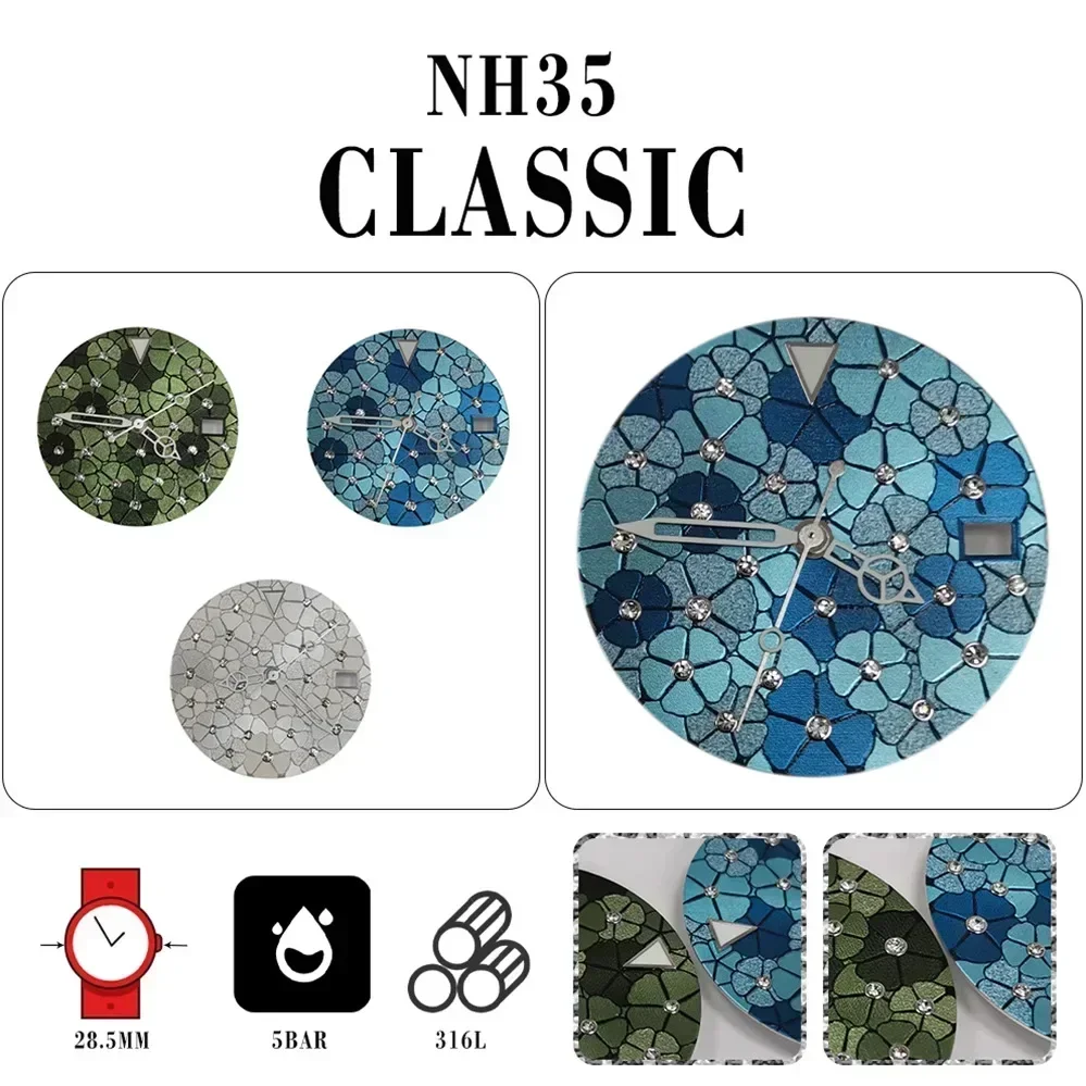 28.5mm Watch Faces Inlaid Watch Dial + Skeleton Hands for Men Women Watch Modification Accessories for NH35/NH36/4R/7S Movement