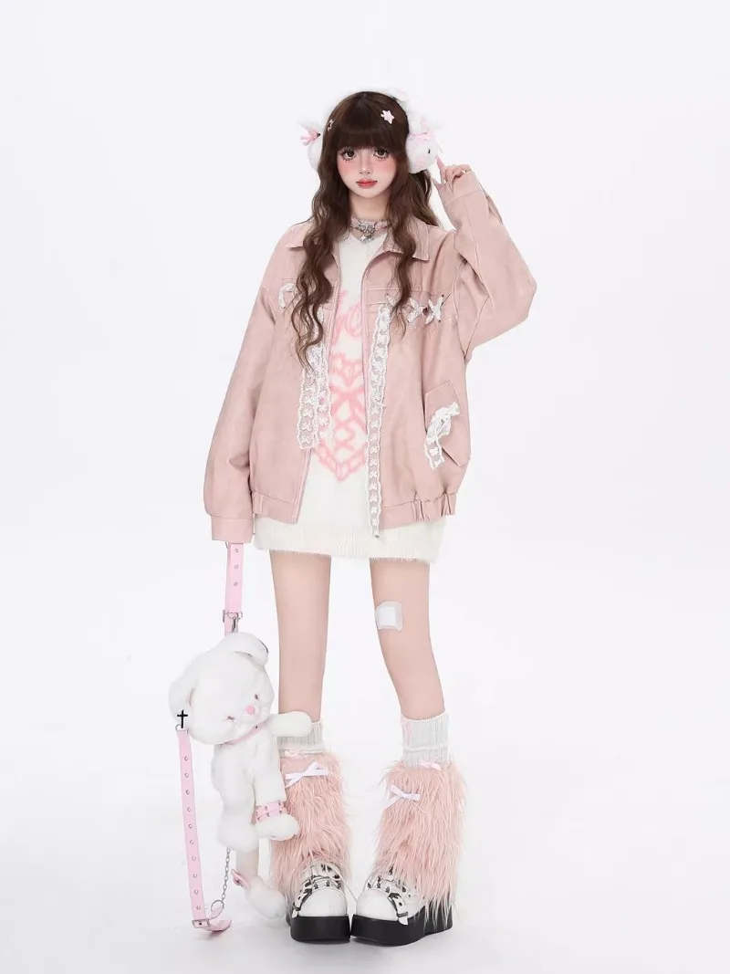 New Japanese Style Sweet And Cool Lace Bow Strap Girl Pink Locomotive Loose Casual Leather Jacket Autumn Winter 2024 Streetwear