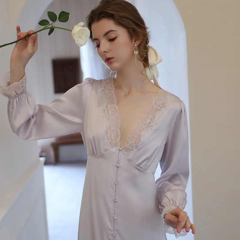 Sexy V-Neck Lace Nightgown Mid Long Nightdress Sleepwear Women Satin Silk Home Dressing Gown Causal Sleepshirt Homewear Lingerie