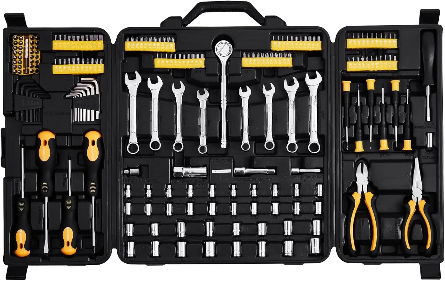 

Mechanics Tool Set 221Pieces -1/4" and 3/8" Drive Sockets - SAE and Metric Mechanic Tool Kit with Bits - Wrenches,Ratchet Handle