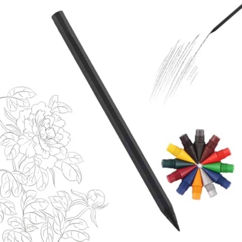 Metal Alloy Forever Pencil Reusable Comfortable Grip Eternal No Ink Pen with 12 Colored Refill Tips Smooth Friction