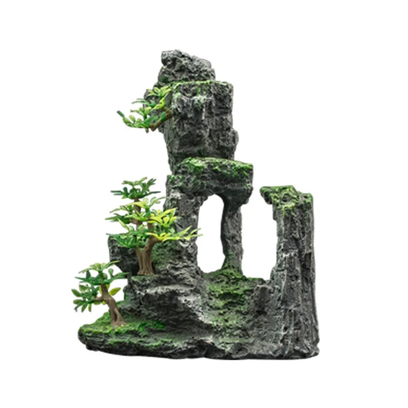 KX4B Aquarium Decor Rock Mountain Cave ปลาสำหรับถังเครื่องประดับ Tree Bark Shelters