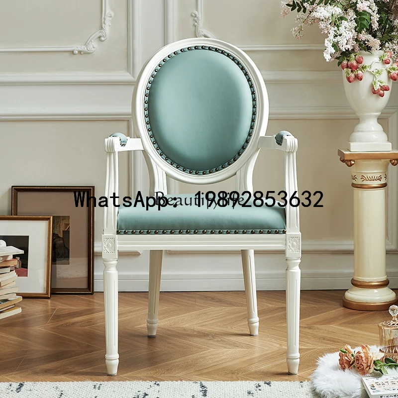 

X5 White Cream Wind Solid Wood Book Chair Cherry Wood Leather First Layer Cowhide with Armrest Dining Chair