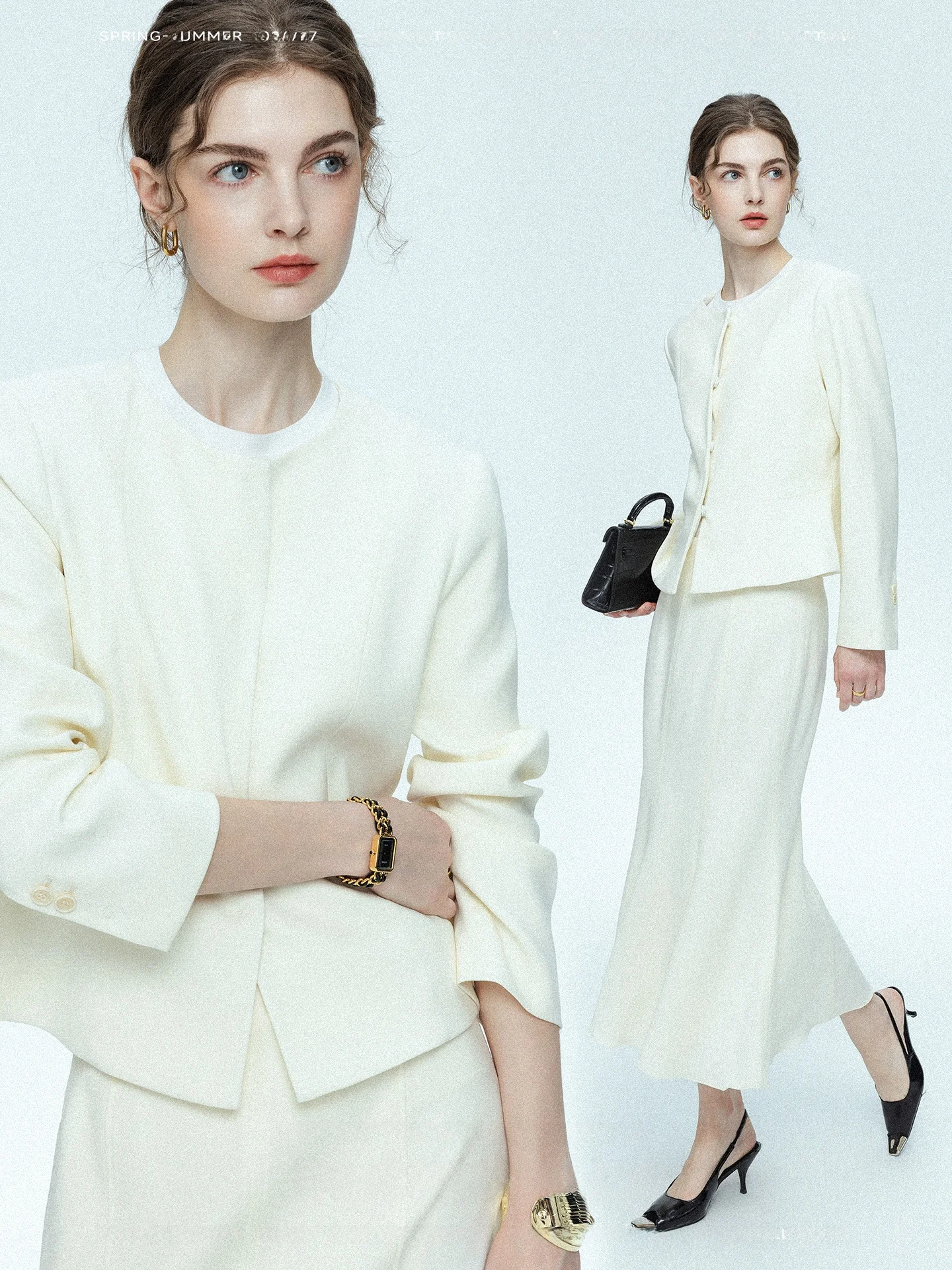 

Premium Twist Wool Suiting Minimalist High-End Workwear Spring Fashion Set with Jacket And Midi Skirt for Women