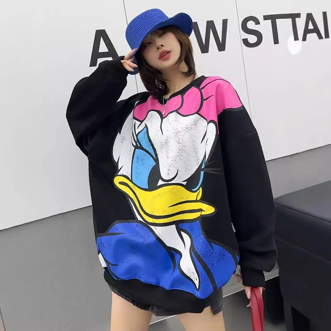 Graffiti Cartoon Duck Pattern Hoodies Women Mid-Length Autumn Clothing Loose Round Neck Drop-Shoulder Sleeve Casual Sweatshirts