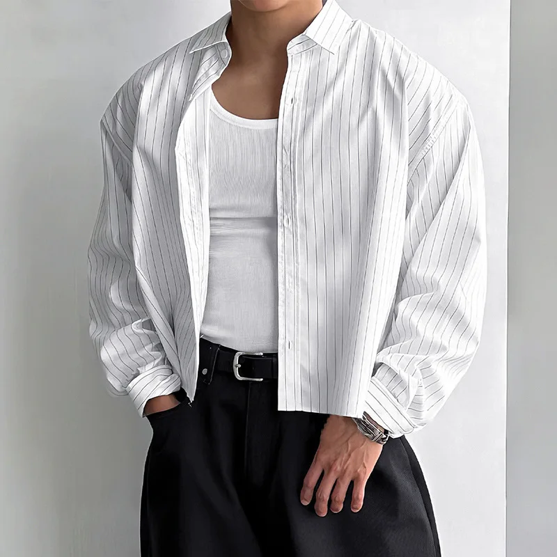 

New British Retro Men Striped Shirts Trendy Loose Lapel Long Sleeve Cardigan Tops Autumn Leisure High Quality Basic Blouse