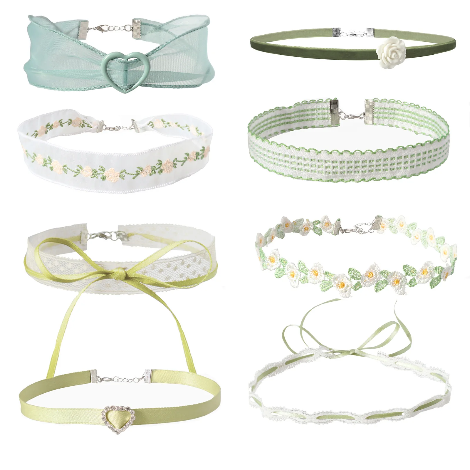 New Korea Fashion Cute Green Color Heart Lace Bowknot Choker Necklace For Y2K Lovely Girl Women Charm Wedding Birthday Jewelry