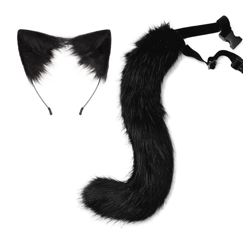 Animal Ears Hair Hoop for Cat Ears Hair Band Tail Necklace Set Party Photo Prop