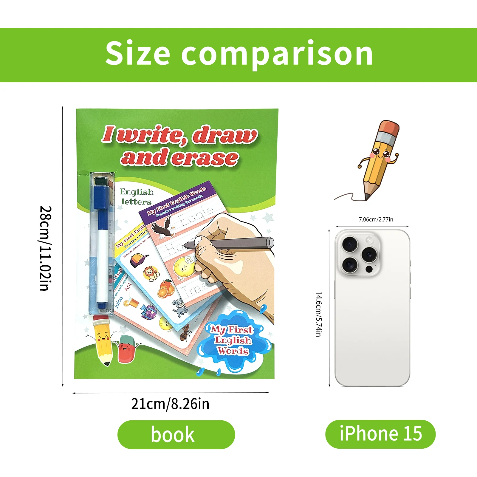 Children's English Word Book, Ages 3-6, Word Tracing & Animal Connections, Erasable Pen, Reusable, Early Learning Gift