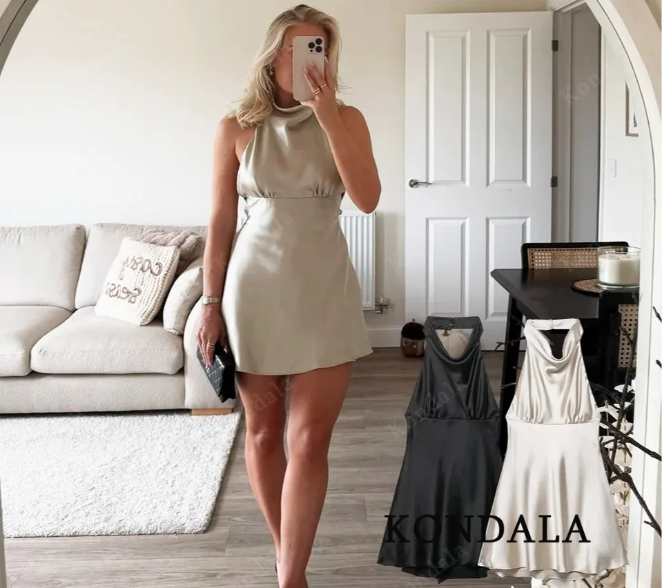 KONDALA Elegante Dame Satijnen Halter Jurk Backless Boog Slanke Mini Jurk voor Vrouwelijke 2025, Lente Zomer Feest Dating Leuke Vrouwen Jurk