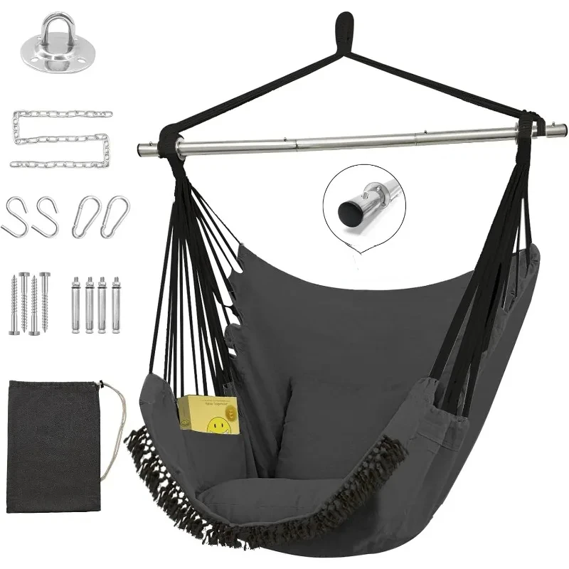 Hammock Swing Chair, Hanging Chair with Pocket, Detachable Steel Support Bar, 500lbs Capacity, Cotton Weave Hammock Chair