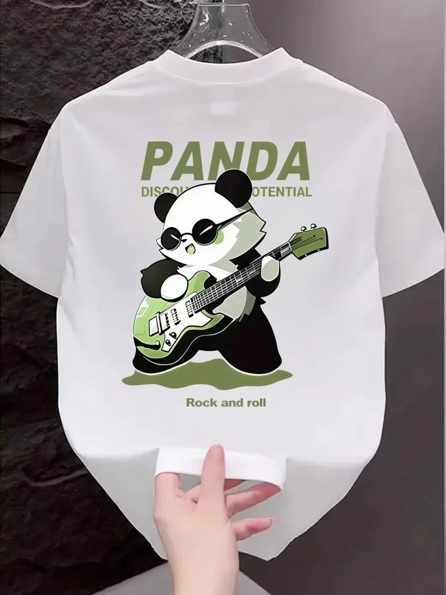 

2026 Весна и лето. Новая футболка из чистого хлопка с короткими рукавами, универсальный топ с принтом панды. Модный крутой топ с круглым вырезом и половиной рукавов.