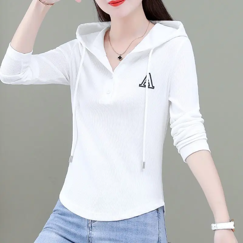 2023 Spring and Summer Hooded Slim Long Sleeve Korean Version Spliced Pockets Solid Color Zipper Commute Fashion Causal T-shirt