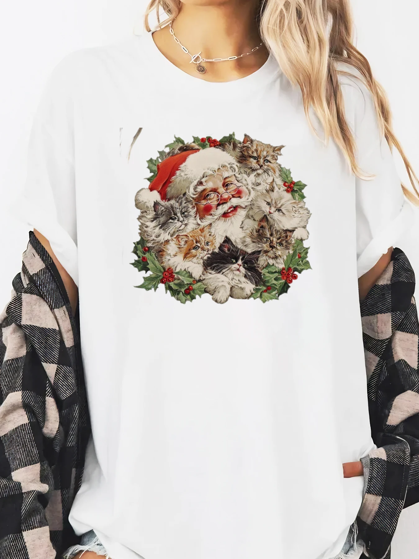 T-Shirt à manches longues imprimé père noël avec chats pour femmes, vêtements de vacances décontractés, blanc, grande taille