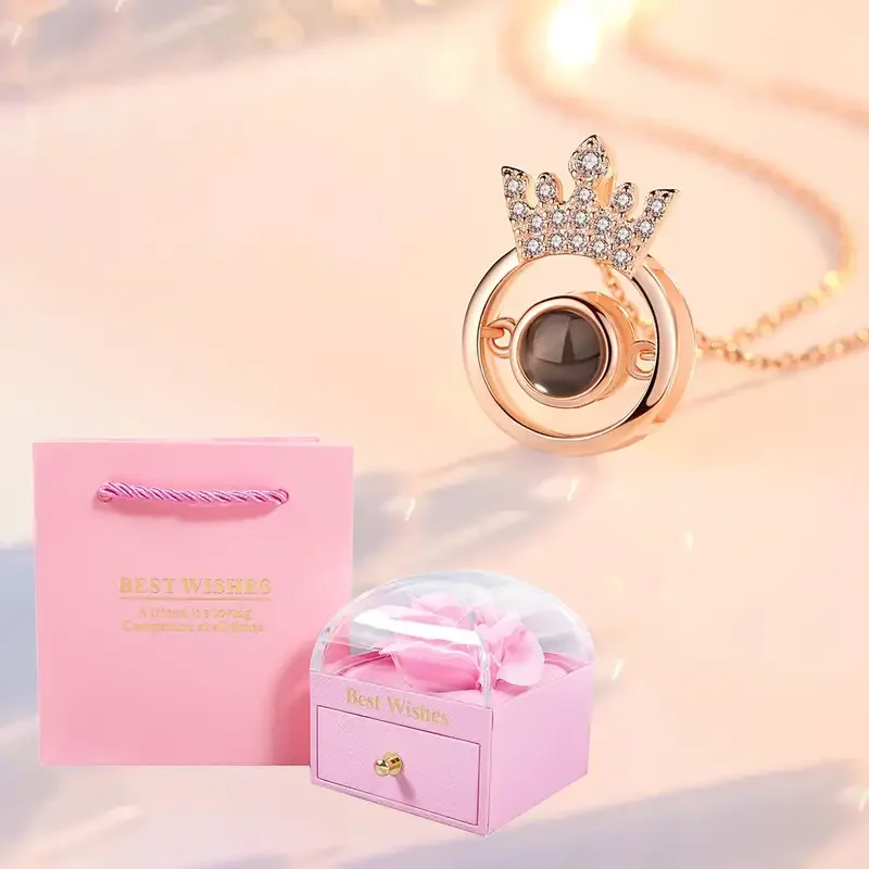 Customized Color Photo Projection Crown Necklaces With Rose Flower Gift Box New Romantic Jewelry Family Birthday Wedding