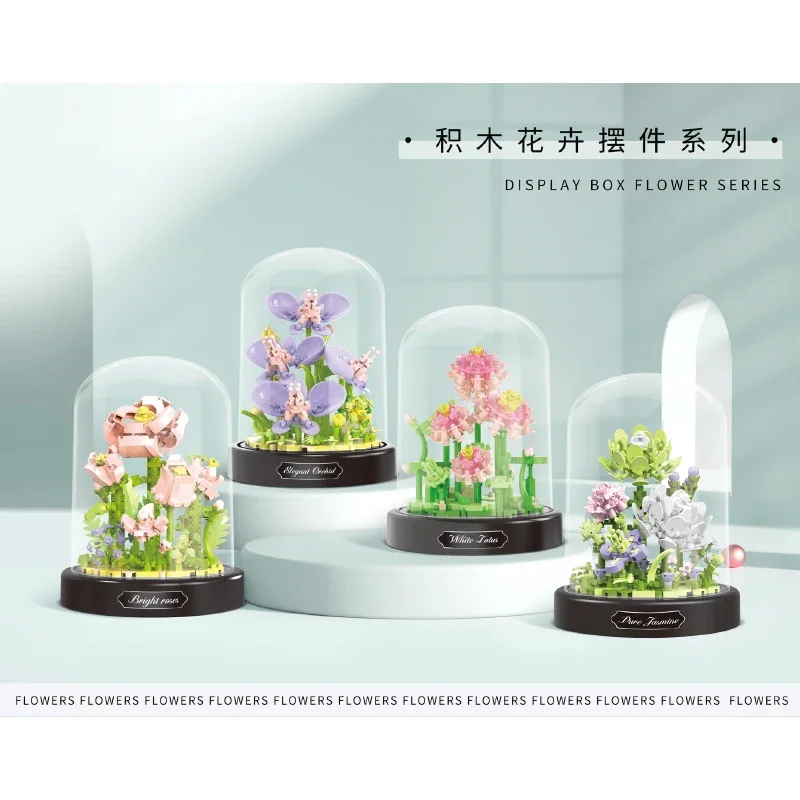 

Creative Bonsai Series Simulation Rose, Jasmine, Lotus Dust Cover Desktop Decoration Building Blocks Bricks Toys Gifts