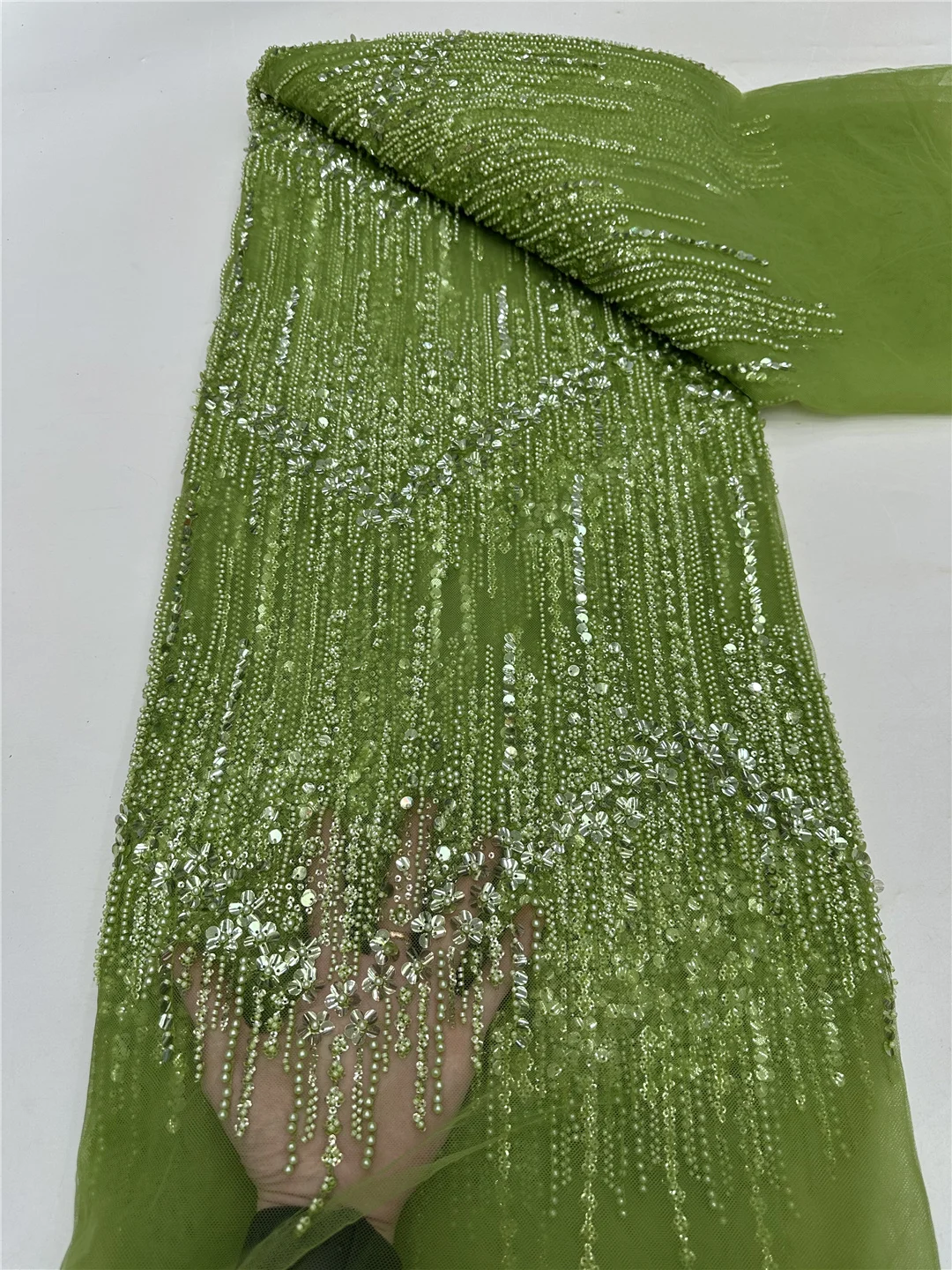Tessuto africano del pizzo 2025 Paillettes francesi di alta qualità Perline ricamate Tessuto di pizzo tulle per il vestito da festa-RF