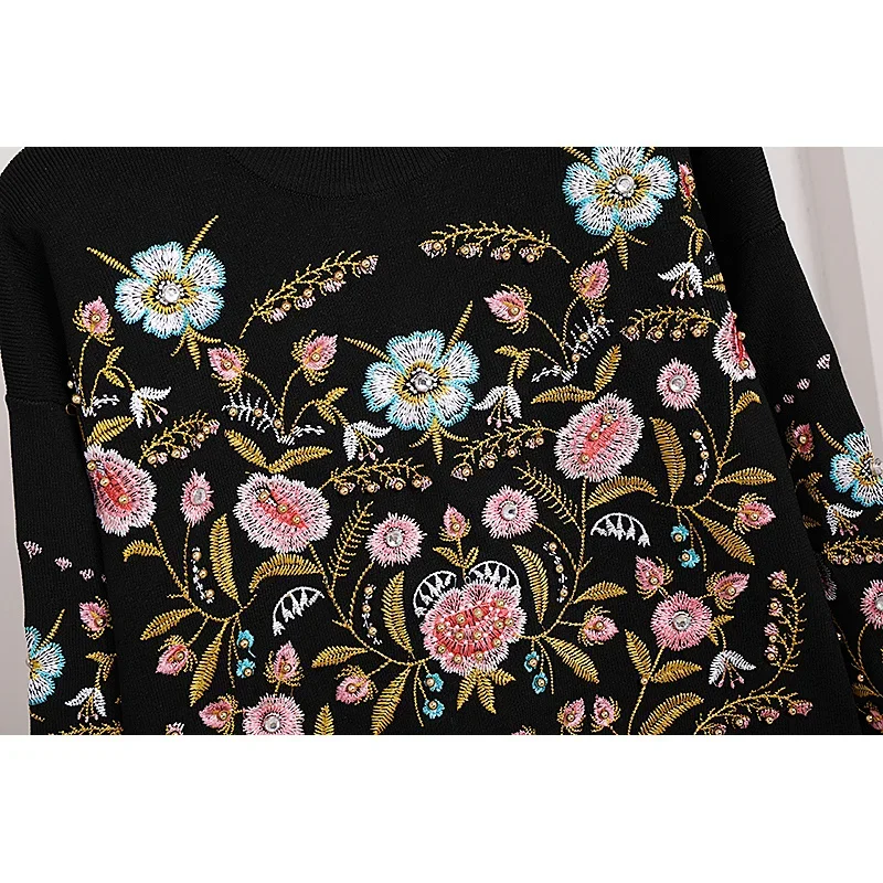 Fashion Embroidery Flowers Knitted Tracksuits Women Outfits Autumn Korean Loose Casual Black Knit Sweater Long Pants Set Female