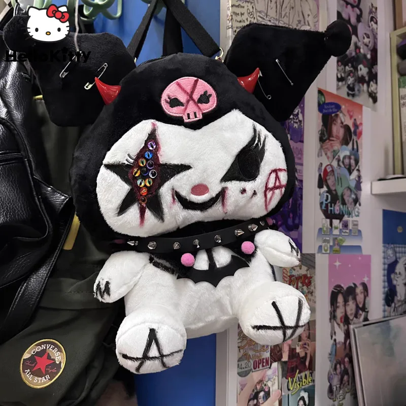 Sanrio Kuromi Melody Hand Drawn Dark Women Backpack Y2k Street Gothic Spicy Girl Plush Backpack American Punk Funny Shoulder Bag