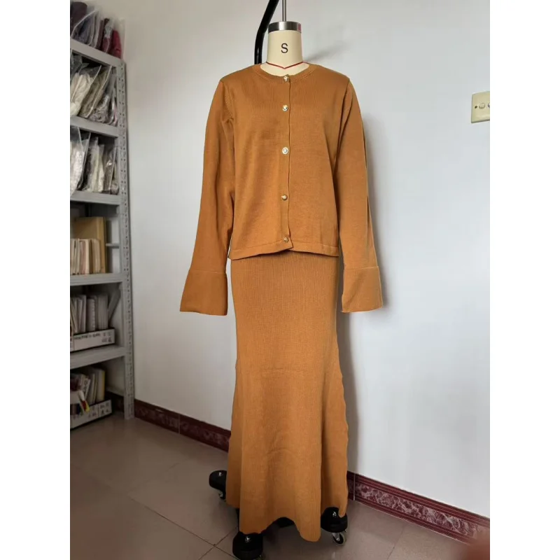 欧米レディースファッション2025秋新作ラウンドネックボタンカーディガンコートニットセーターワンピース