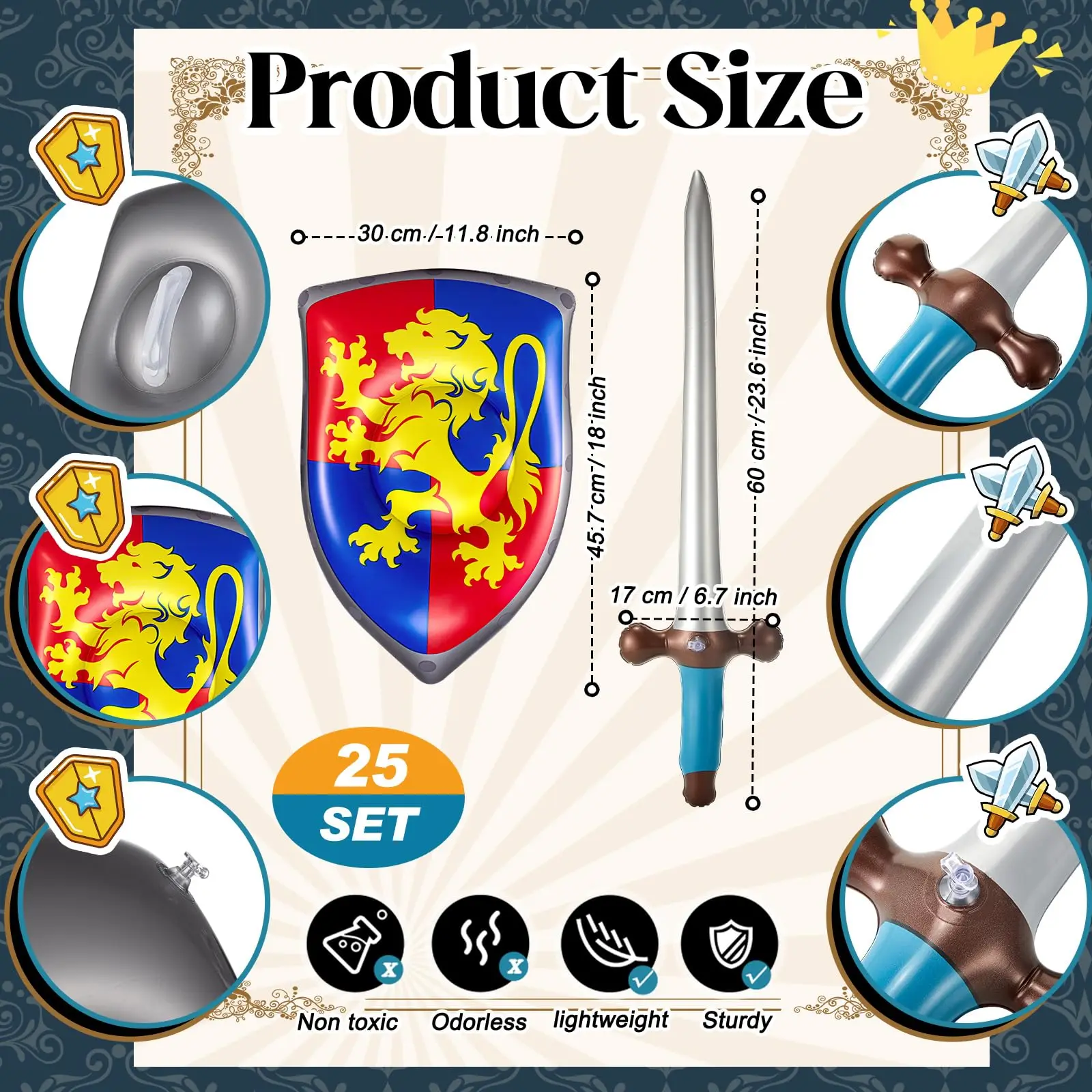 Aufblasbares Schwert- und Schild-Ritter-Partygeschenke-Set, aufblasbarer mittelalterlicher Schwertschild für Prinzen, Partygeschenke, Dekorationen – Detail 2