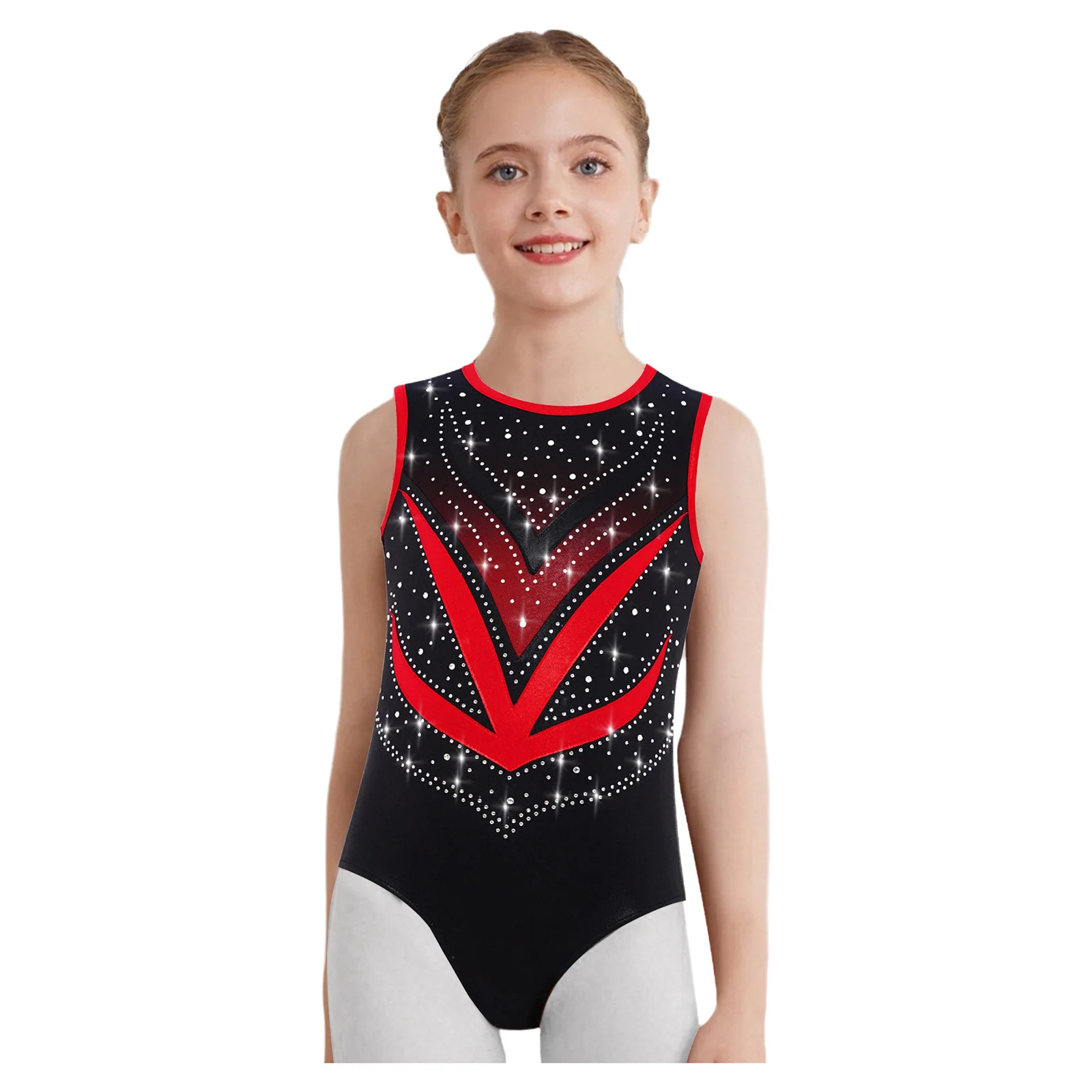 

Kids Girls Gymnastics Leotard Sleeveless Crisscross Back Cutout Mesh Patchwork Metallic Rhinestones Bodysuit Ballerina Dancewear