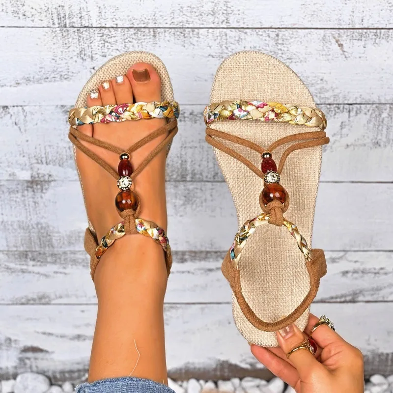 2025-verao-estilo-boemio-trancado-sandalias-planas-para-mulheres-impressao-sapatos-de-praia-mulher-moda-elastica-sandalias-romanas-mujer