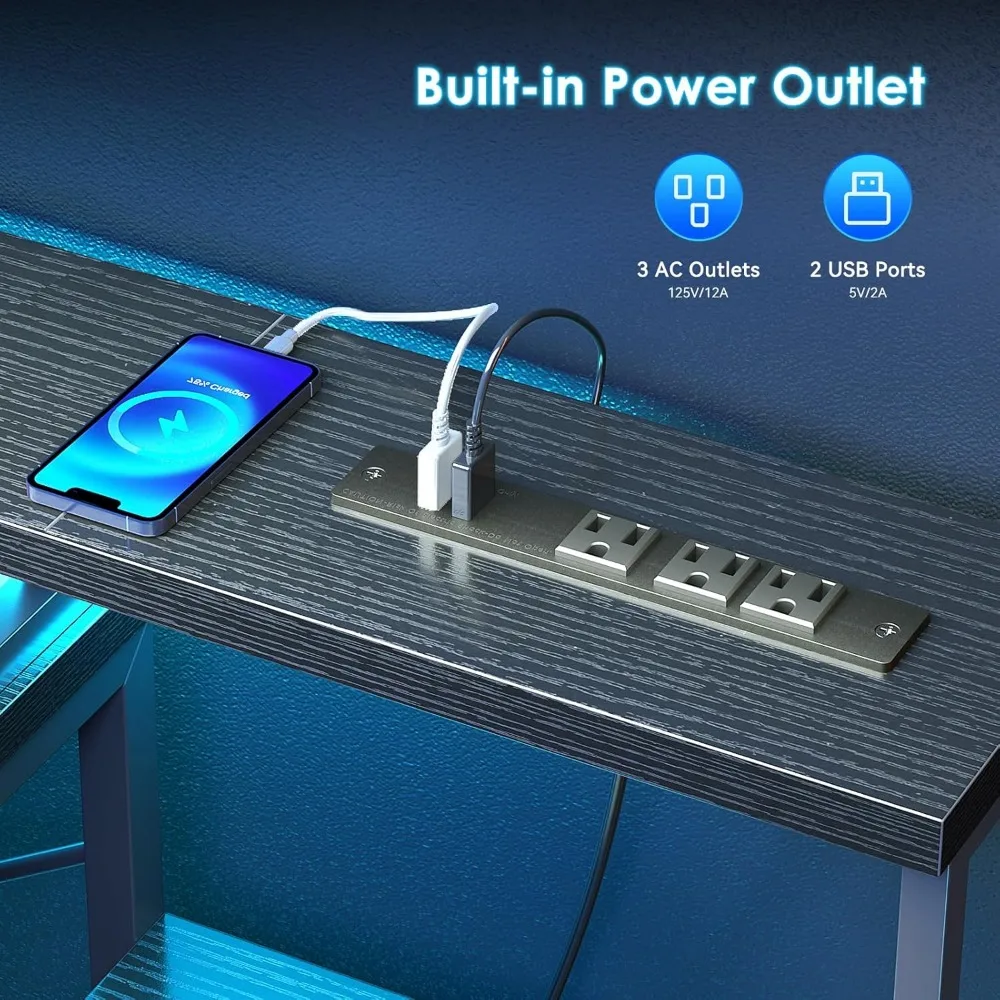 مكتب ألعاب كمبيوتر مقاس 55 بوصة مع منافذ طاقة و4 أدراج، مكتب منزلي مع حامل شاشة وأرفف طابعة، أسود