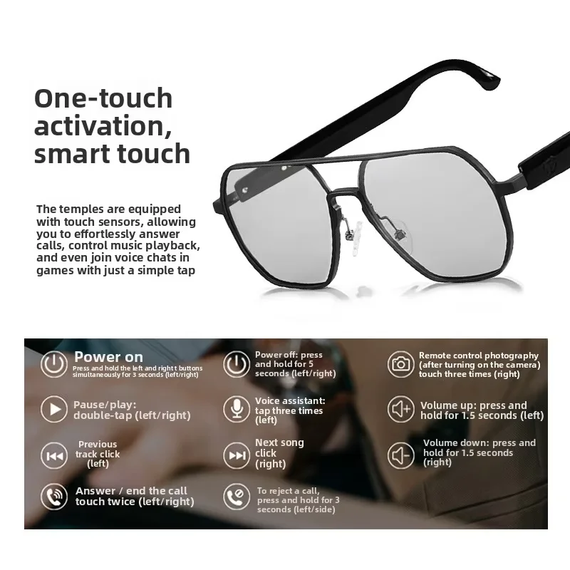 AI Translation for Smart Glasses Photochromic UV Protection Voice Assistant Touch-based Control Music Player Call IPX-5