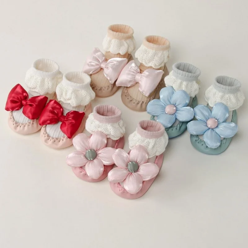 

Baby Girl Floor Sock Shoes Cute Soft Non-slip Flats with Bows/Big Flowers Warm Walking Shoes for Newborn Infant Toddler