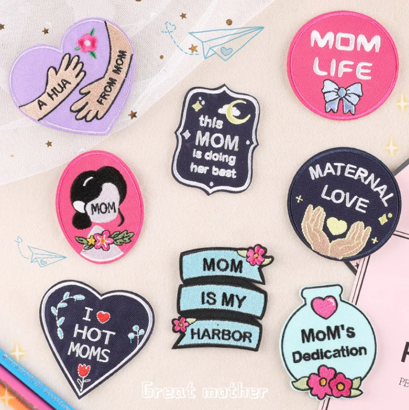 10 Pcs Mother's Day Embroidery Patches Embroidered Clothing Hat Bag Shoe Repair Material Phone Gift Box Decor DIY Accessory
