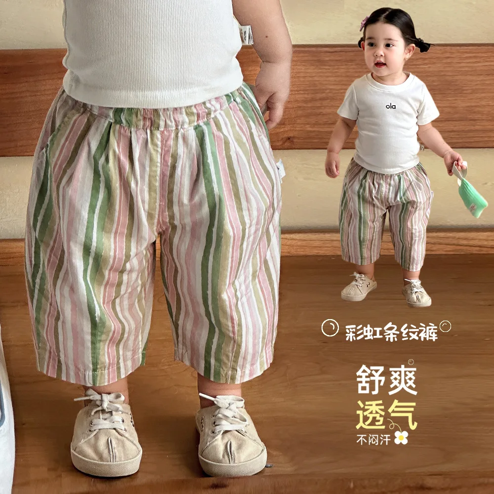 

2026 New Baby Girls Summer Colorful Striped Wide Leg Pants Loose Straight Thin Breathable Casual Toddler Kids Daily Outdoor Wear