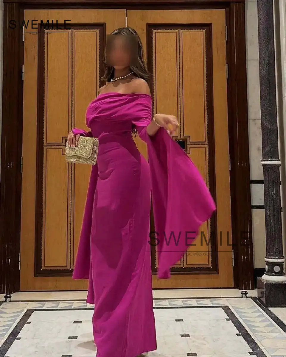 SWEMILE Sheath Strapless Evening Dresses Floor-Length Chiffon Zipper Up Long Sleeves Prom Dresses Wedding Party Dress Vestidos